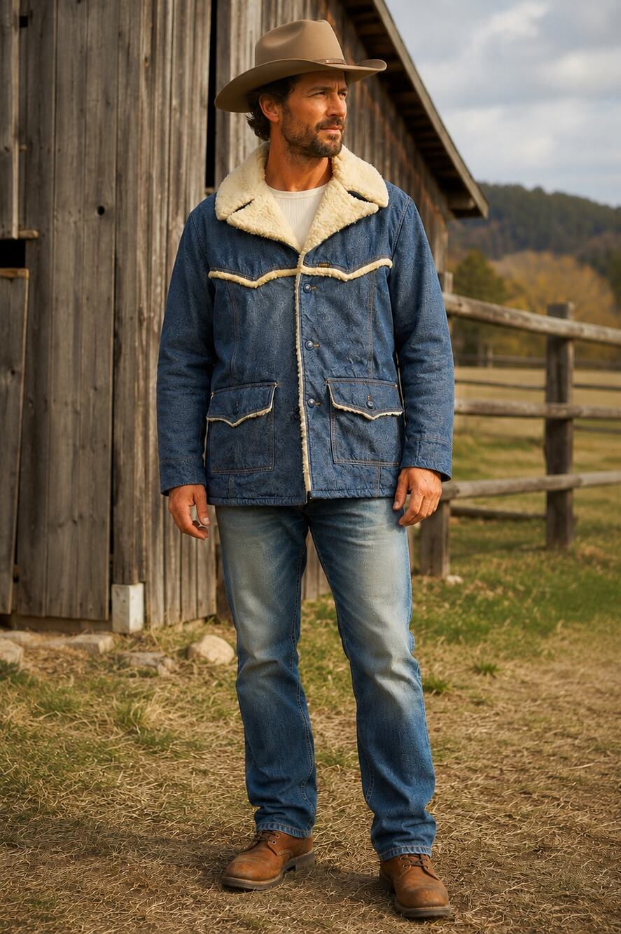 VTG 70s Roebucks Sears Mens 46R Sherpa Lined Denim Ranch Coat Western USA XL